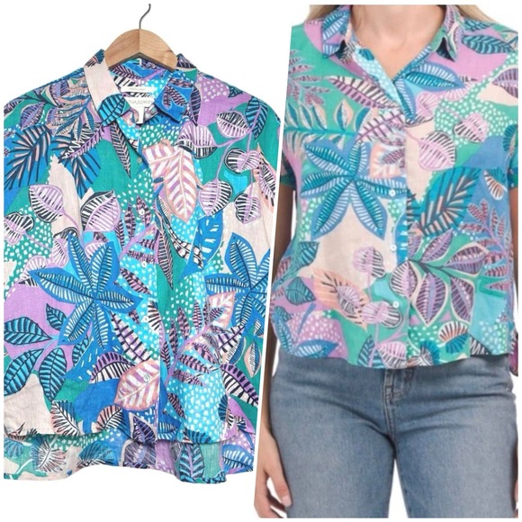 Cynthia Rowley | Women | 100% Linen Tropical Cap Sleeve Button Up Shirt | Small - Picture 1 of 10